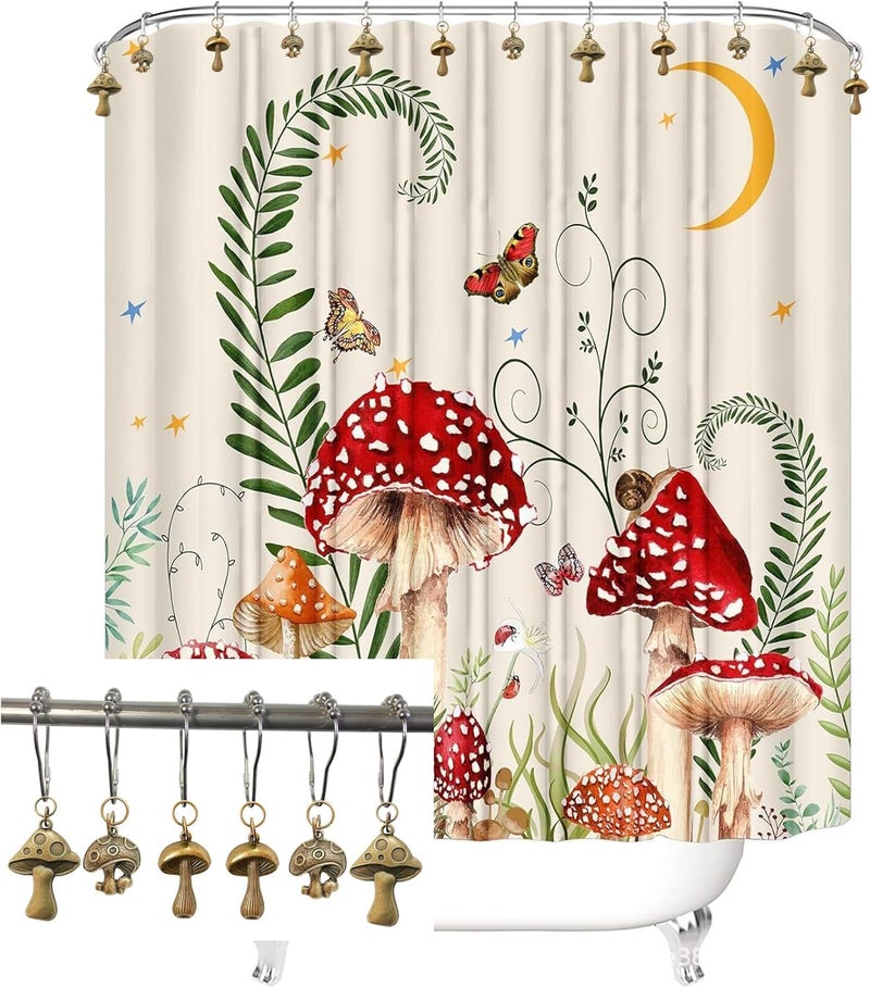Daxingbu Mushroom Shower Curtain Hooks, 12Pcs Rustproof Metal Cute Retro Mushroom Shower Curtain Hooks Rings for Boho Fairy Forest Country Cottagecore Style Home Bathroom Decor (Bronze) - Image 3